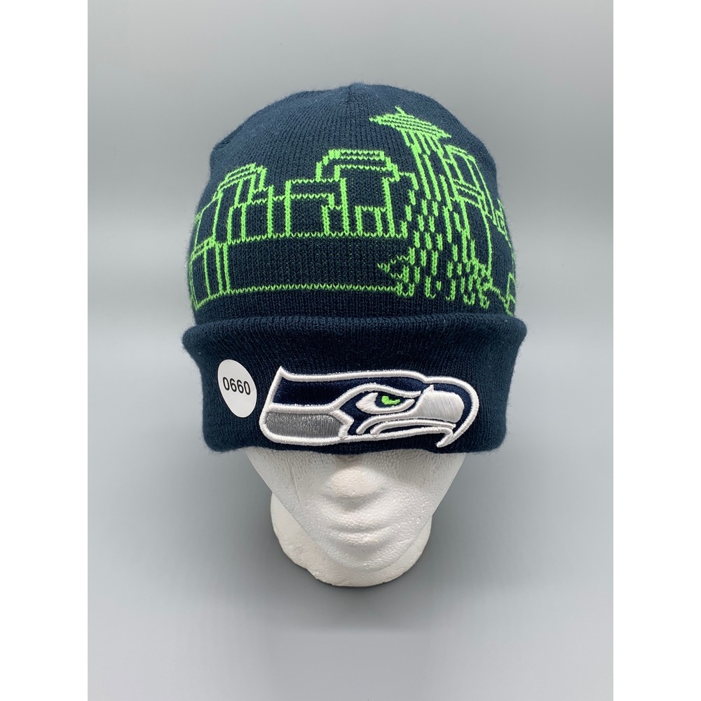 New Era Seattle Seahawks NFL Beanie Navy Blue Lime Green Skyline Cuffed Knit Hat